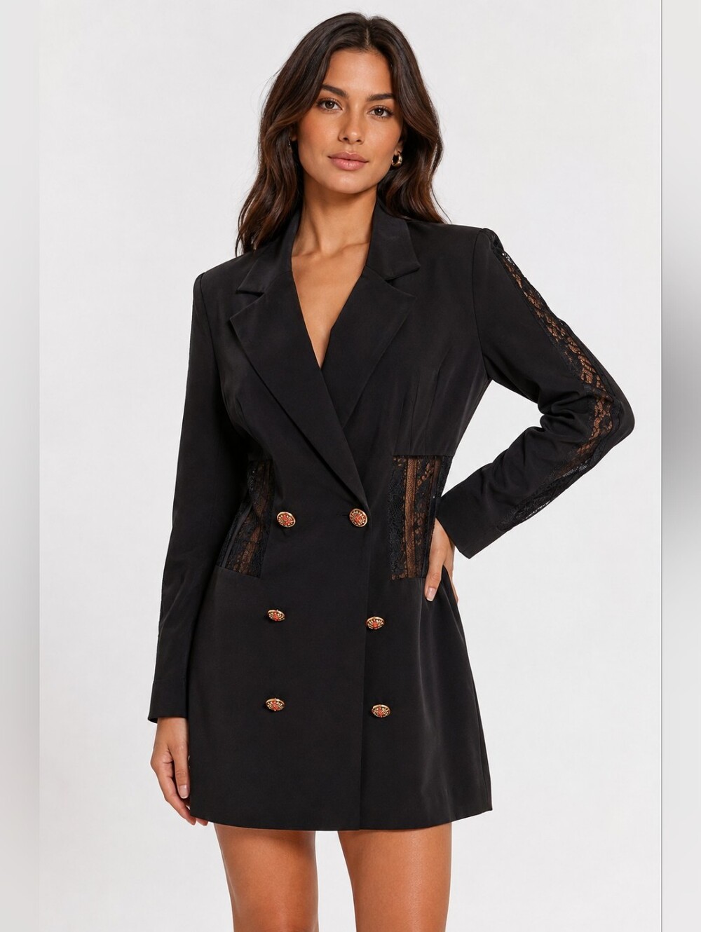 Black Double-Breasted Lace-Panel Blazer Dress